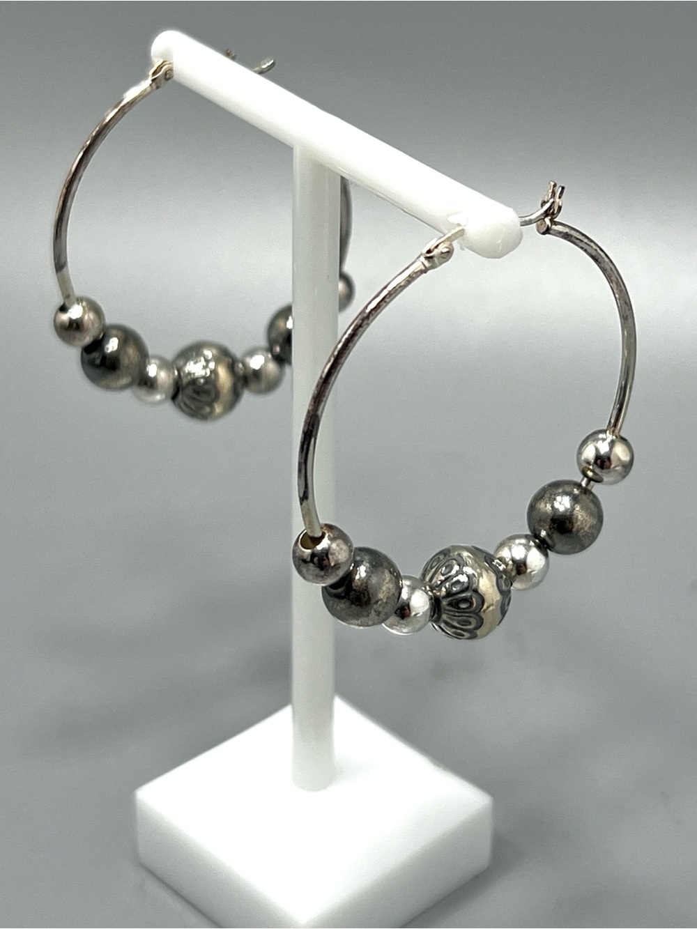 Sterling Silver Beaded Hoop Earrings - Silver - Picture 2 of 5